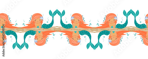 Vector marine border featuring cute red haired mermaids centered along the design. Suitable for packaging, fabric, stationery and ocean themed collections