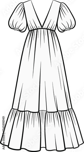 Romantic puff sleeve deep V neck tiered maxi dress flat CAD drawing vector illustration with gathered waist flowy layered skirt design
