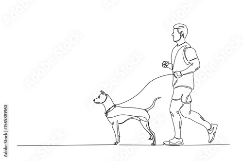 Man jogging with his dog in continuous one line drawing. Single line art illustration of runner and dog.