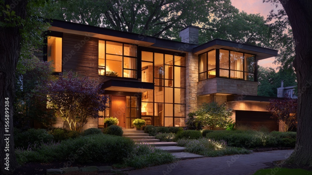 Fototapeta premium Modern home glowing at dusk, warmth and comfort in twilight. 
