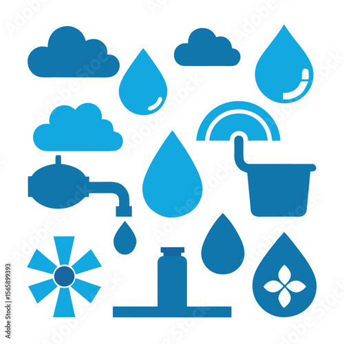 Water Icons Collection of Blue Water Drop, Cloud, and Irrigation Symbols