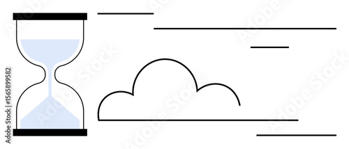 Hourglass with flowing sand next to a cloud and motion lines. Ideal for time, impermanence, process, speed, change, planning, minimal abstract concepts in a simple flat metaphor