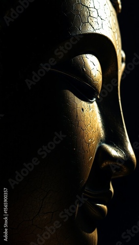 Ancient Textured Golden Buddha Face in Meditative Close-up