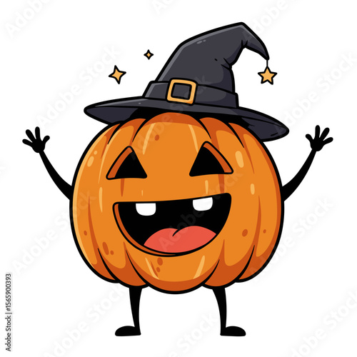 Black-and-white line art of a cheerful pumpkin character wearing a witch hat with a dangling star, smiling widely with raised arms—perfect for playful Halloween themes.