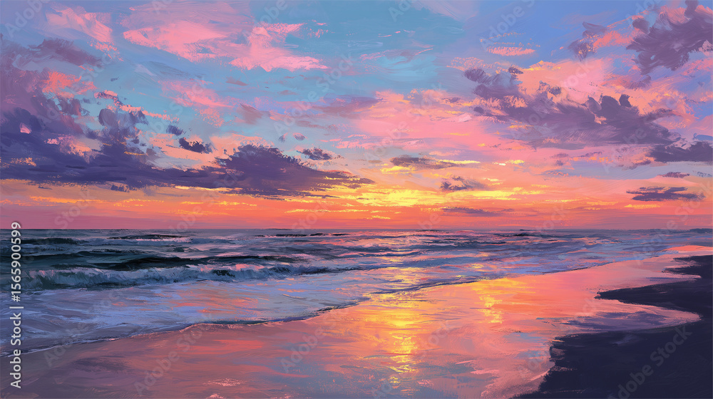 Fototapeta premium Vibrant Beach Sunset with Colorful Sky and Reflections