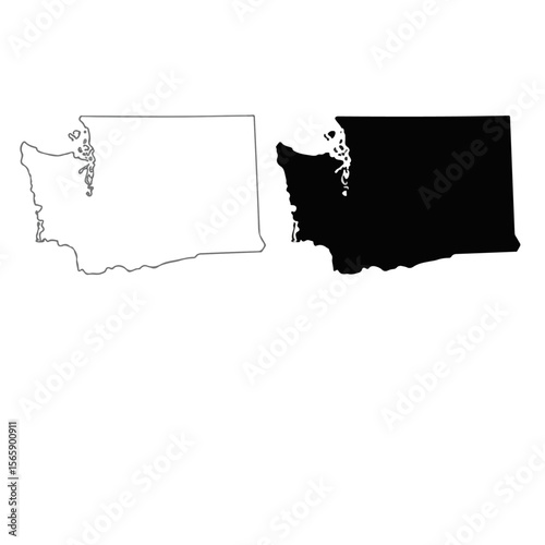 Washington State Map Set – Outline and Silhouette Versions of Pacific Northwest State on a white background