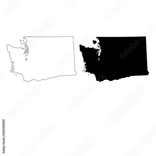 Washington State Map Set – Outline and Silhouette Versions of Pacific Northwest State on a white background