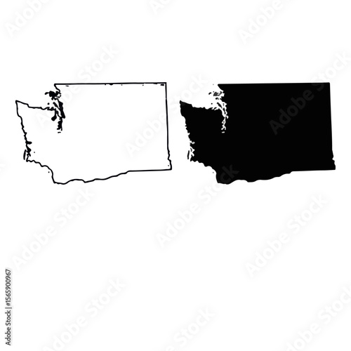 Washington State Map Set – Outline and Silhouette Versions of Pacific Northwest State on a white background