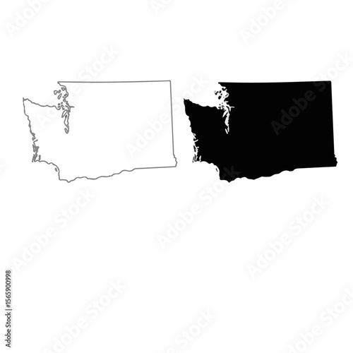 Washington State Map Set – Outline and Silhouette Versions of Pacific Northwest State on a white background