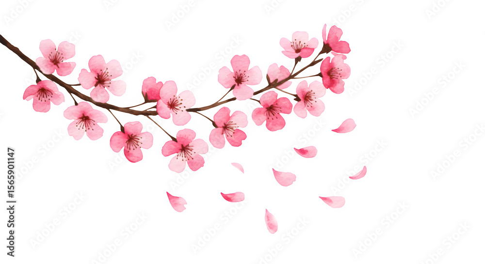Naklejka premium Delicate Watercolor Cherry Blossom Branch with Falling Petals