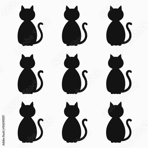 Nine identical black cat silhouettes sitting and facing forward on a white background