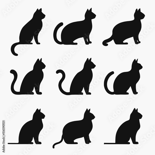 Collection of nine black cat silhouettes in various sitting poses