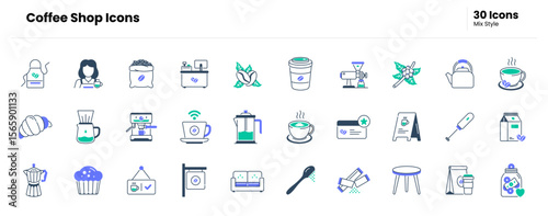 Coffee shop icon set. coffee, cup, mug, cafe, barista, espresso, latte, cappuccino, brew, roast, bean, grinder, machine, moka. Vector mix icon illustration