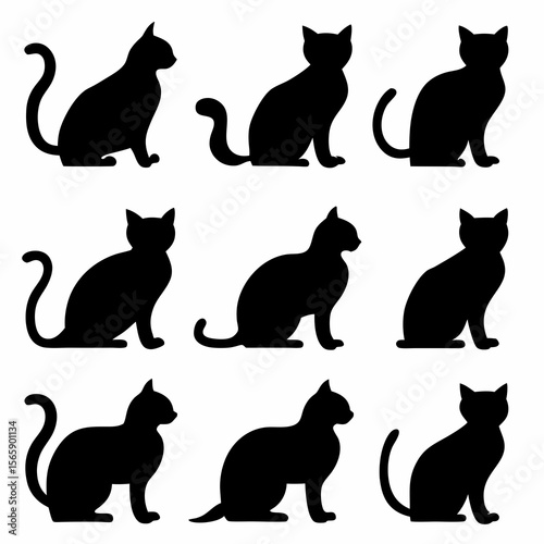 Collection of nine black cat silhouettes sitting in various poses on a white background