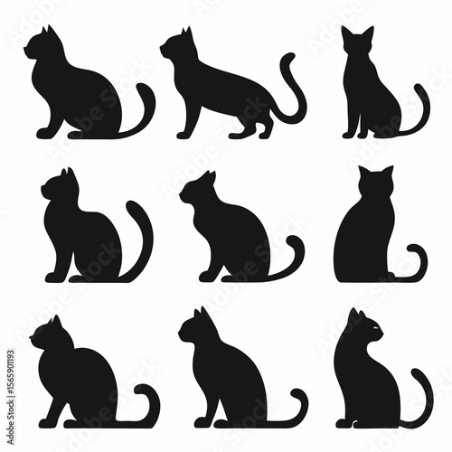 Collection of nine black cat silhouettes in various sitting and standing poses