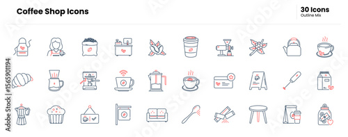 Coffee shop icon set. coffee, cup, mug, cafe, barista, espresso, latte, cappuccino, brew, roast, bean, grinder, machine, moka. Vector outline mix icon illustration