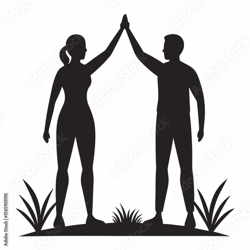 Man and woman silhouette giving high five in nature with grass