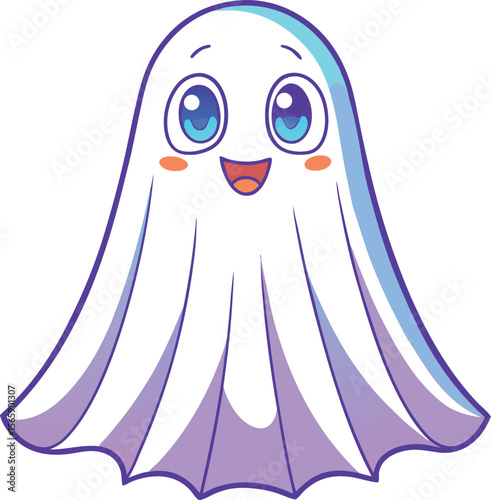 Cute kawaii ghost character with big blue eyes and happy expression