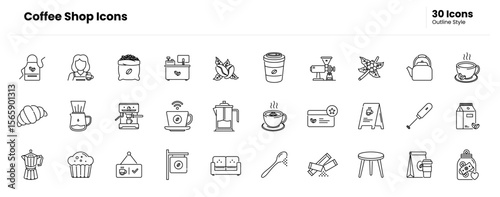 Coffee shop icon set. coffee, cup, mug, cafe, barista, espresso, latte, cappuccino, brew, roast, bean, grinder, machine, moka. Vector outline icon illustration