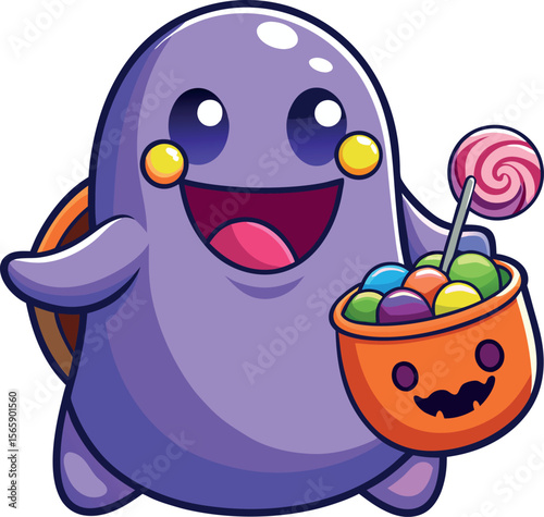 Cute purple ghost character holding a pumpkin bucket full of candy and a lollipop
