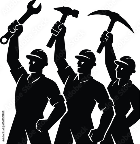 Three silhouetted construction workers each holding a tool