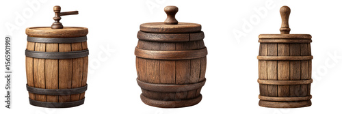 Wooden butter churns with lids and handles, vintage dairy tools showing rustic craftsmanship and natural wood texture photo
