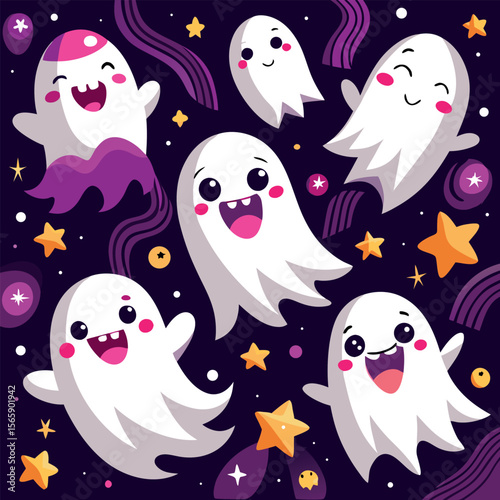 Cute and happy ghosts floating among stars and purple waves for halloween