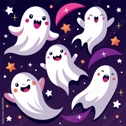 Cute happy ghosts with stars and crescent moons on a dark purple background
