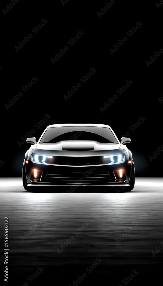 Fototapeta premium Sleek white car in dark studio