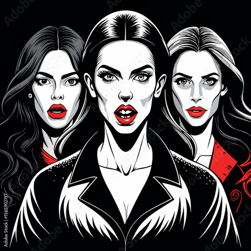 Three stylish women with bold red lips and dramatic makeup on a black background