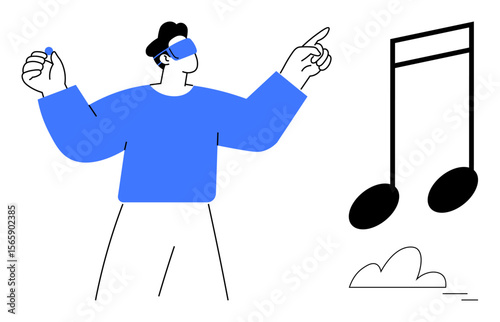 Man wearing VR headset pointing at a giant musical note. Highlights immersive experience, technology, entertainment. Ideal for innovation, creativity, gaming, music, digital transformation