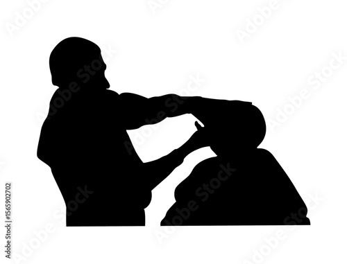 Silhouette of a person adjusting or fixing another person's hair or head covering.