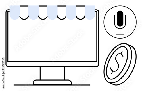 Computer screen with blue storefront, microphone for audio content, and coin for digital payment. Ideal for online business, e-commerce, podcasting, content creation, payment systems, technology
