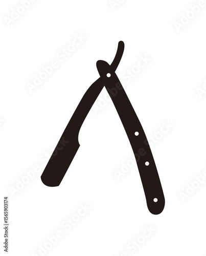 An open, vintage straight razor with a black handle and blade, isolated on white.