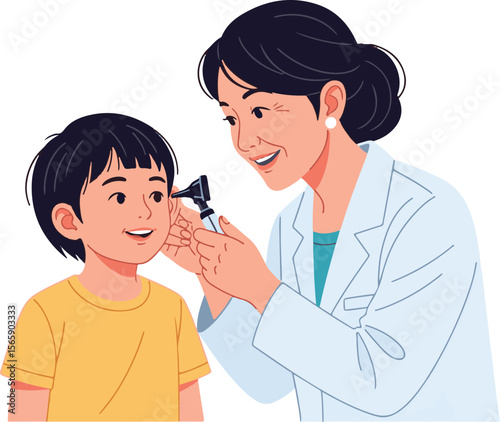 Doctor examines a young boy's ear with an otoscope during a medical checkup.