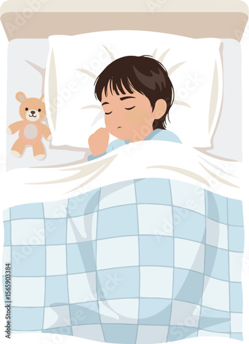 A young boy sleeps peacefully in bed with a teddy bear beside him under a blue checkered blanket.