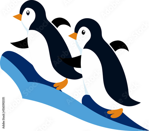 Group of penguins sliding on ice, vector with white background.