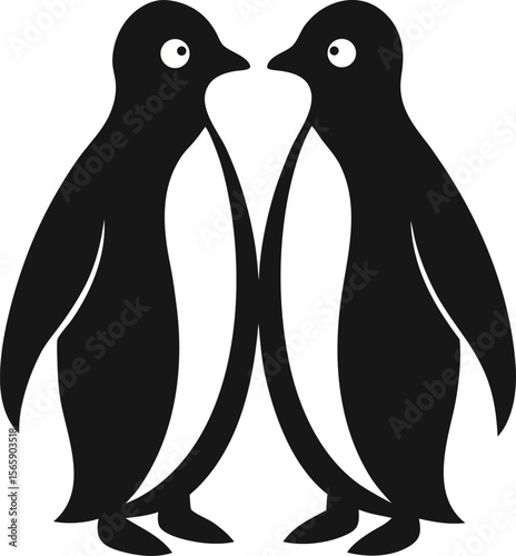 Penguin couple standing side by side, silhouette with white background.