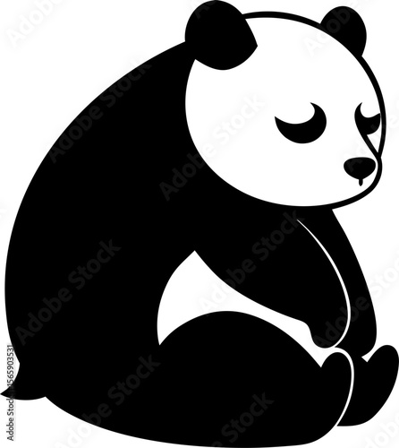 Silhouette of a sleeping panda sitting, with white background.