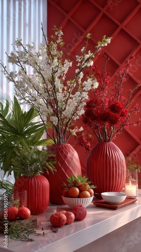 Red vases with floral arrangements