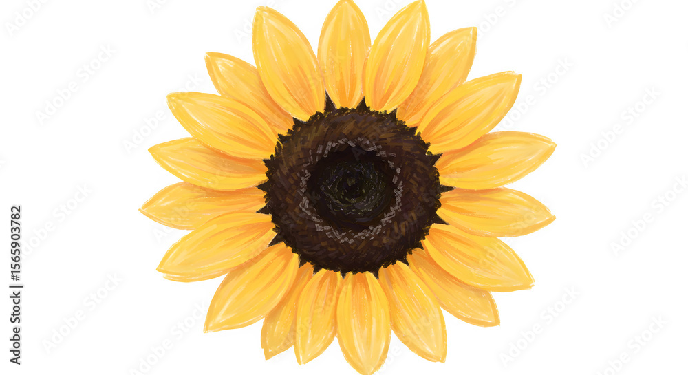 Fototapeta premium Watercolor Sunflower with Dark Center and Textured Petals Front View