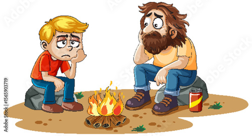 Two Characters Sitting by a Campfire