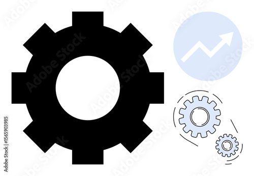Large gear with smaller interlocking gears and an upward line graph. Ideal for teamwork, growth, strategy, productivity, development, efficiency, success. Simple flat metaphor