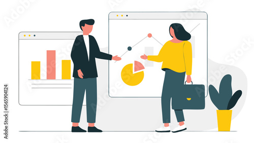 People discussing charts and graphs on screens in a business setting with a potted plant near them