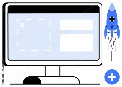 Computer monitor with interface design, rocket taking off, and addition symbol. Ideal for startup, innovation, growth, technology, development creativity achievement. A simple flat metaphor