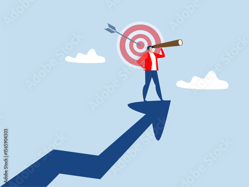 Search more opportunities,businessman climb up rising arrow with big telescope spyglass future growth or vision, profit and earning forecast concept