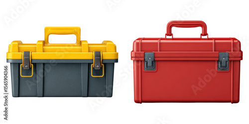 Two colorful plastic toolbox cases with handles and secure latches, one yellow and gray, other red, ready for tools storage