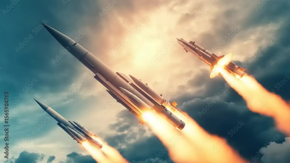 During a military exercise, multiple missiles ascend against a backdrop of dark clouds and dramatic lighting. The event showcases advanced technology and capabilities of the armed forces.