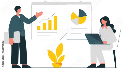 Presentation with bar graph and pie chart being explained to a woman with a laptop on a chair