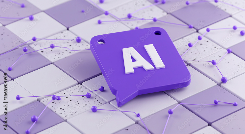 Fototapeta premium Artificial Intelligence Concept with 3D Purple Speech Bubble and White AI Letters on a Tiled Surface, Connected by a Network of Lines and Spheres, Representing Modern Technology